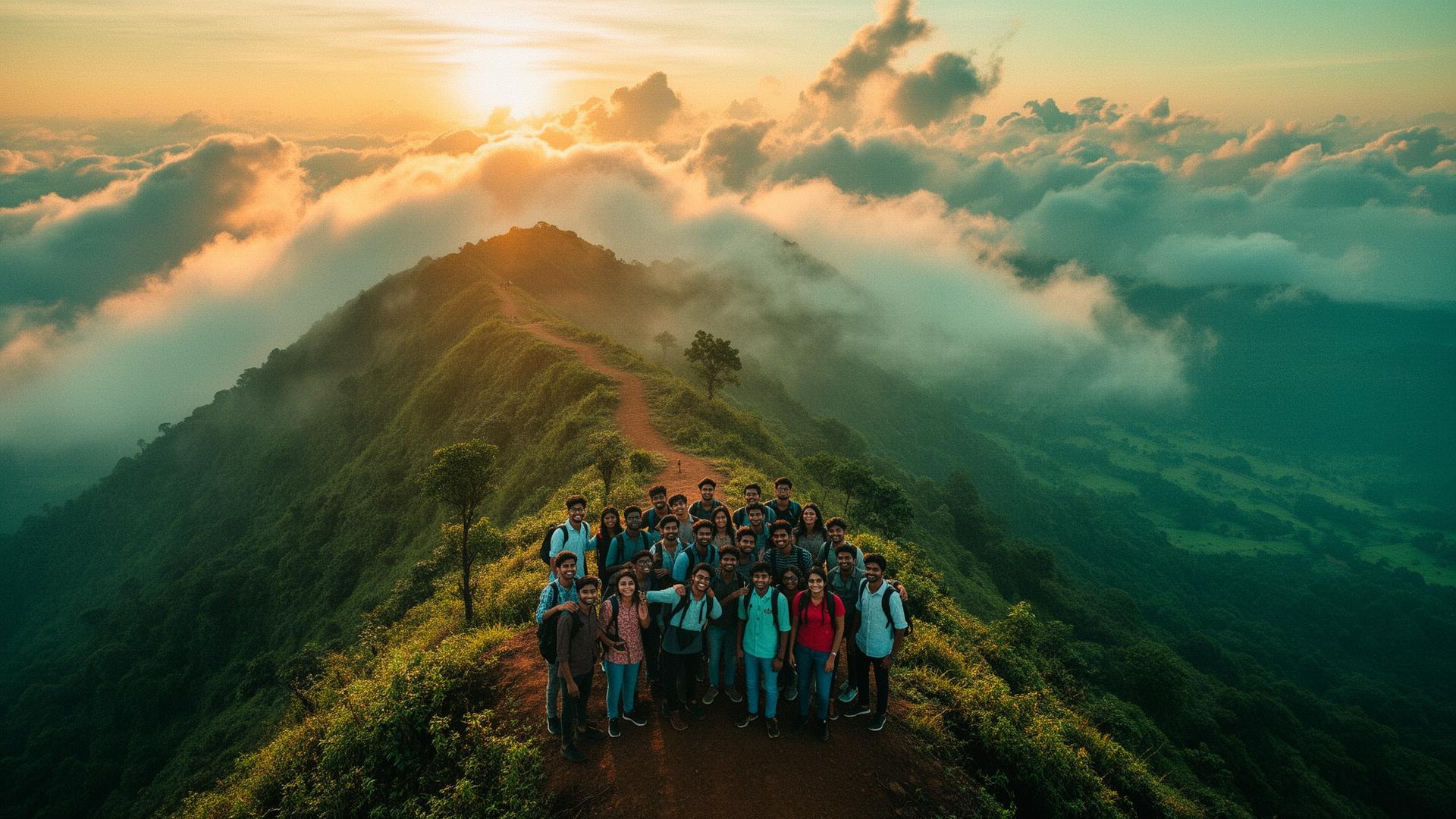 Travelers on a misty South Indian ridge at sunrise